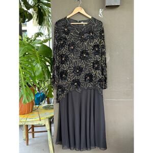 Vintage 1980s Morgan Taylor Evening 100% Silk Black Gold Beaded Sequins Dress 2X